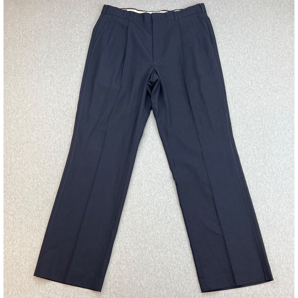 Lands End Pants Mens 34 x 32 Navy Blue 100% Wool Flat Front Straight USA